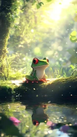 Curious red eyed frog resting by a sunlit forest pond.