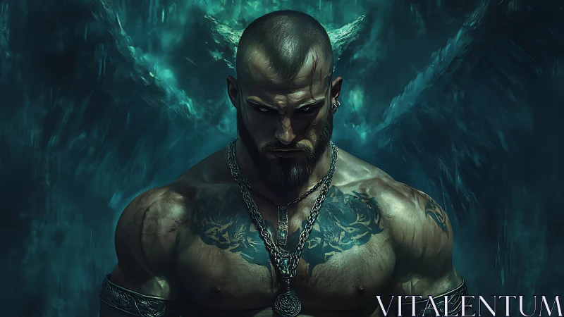 Brooding winged warrior forged in stormlit shadows.