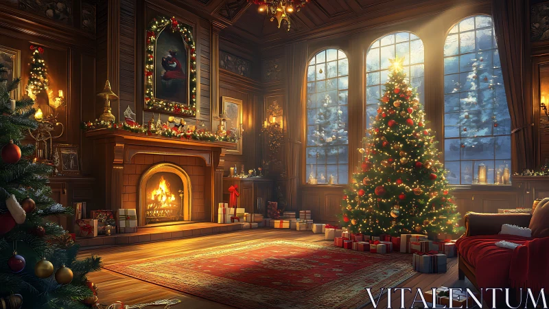 Grand Christmas parlor glows with firelit festive warmth.