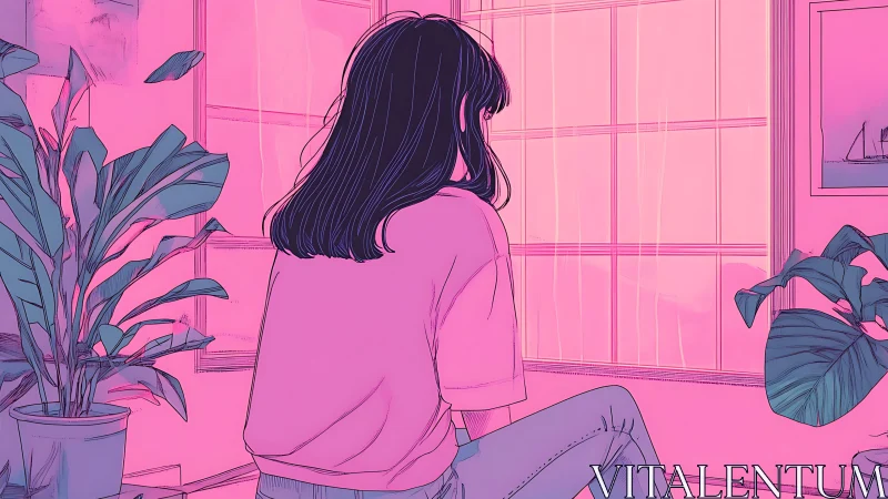 Pink hush windowlight with daydream girl and patient plants.