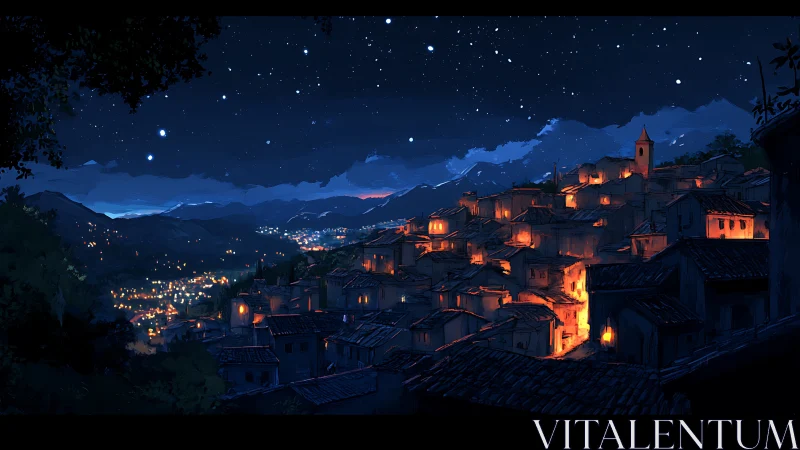 Quiet hillside village glowing softly beneath starlit skies.