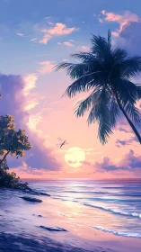 Tropical beach sunset with palm tree and calm shoreline.