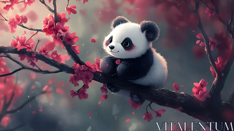 Softly lit chibi panda perched on cherry branch with bokeh petals