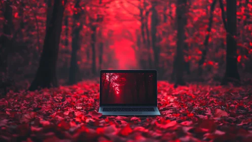 Laptop on red forest floor with recursive display reflection depth