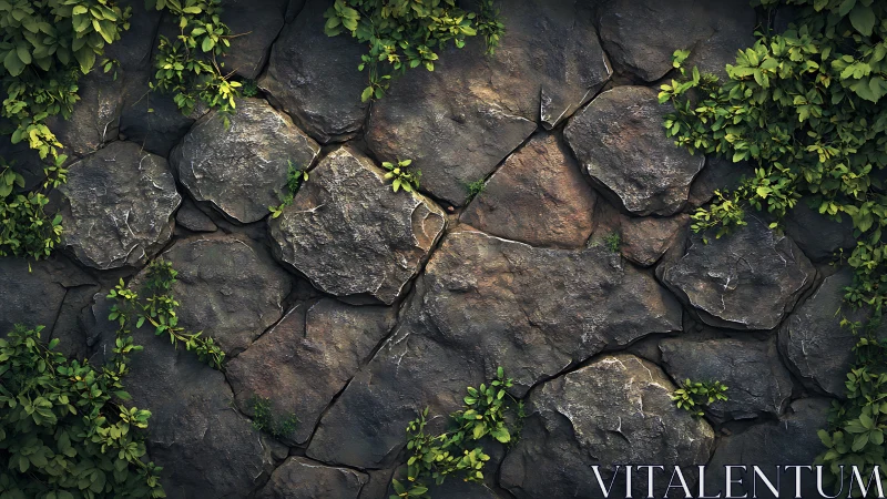 Weathered stone wall welcomes soft green climbing vines