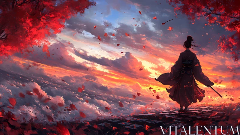 Samurai at sunset sky bridge wrapped in swirling red leaves.