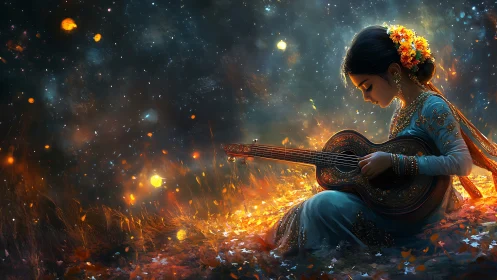 Starry meadow serenade with a quietly dreaming musician.