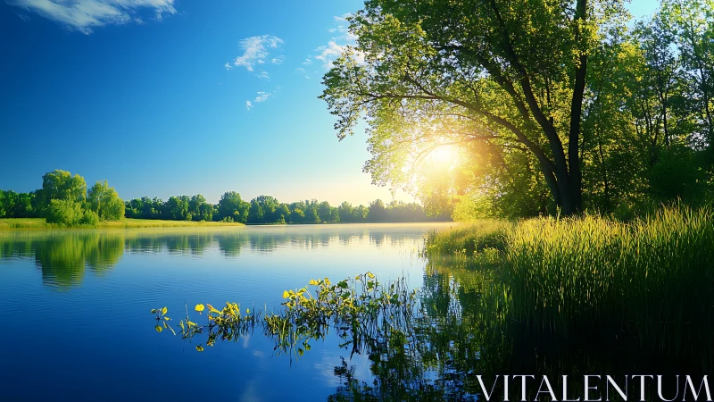 Lake shoreline with trees under low sun and clear sky.