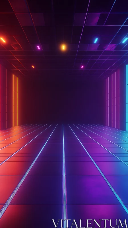 Symmetric neon-lit corridor with reflective tiles and vanishing depth