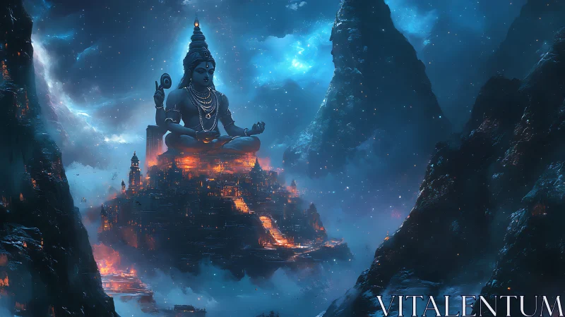 Mountain temple city under colossal meditating deity.