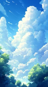 Towering summer clouds above sunlit forest canopy.