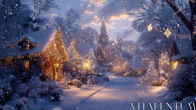 Snowlit Christmas village lane under warm golden lights.