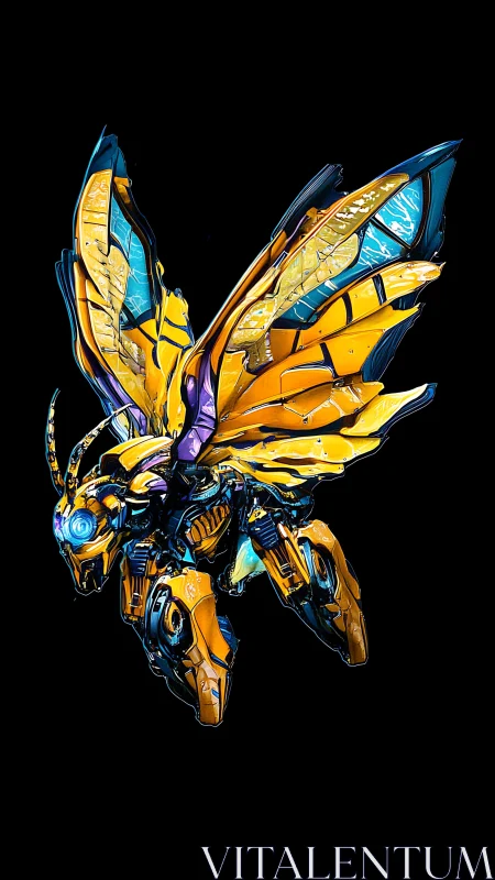 Cybernetic wasp construct with luminous segmented wings.