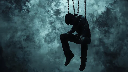 Silhouetted figure hangs in chains against stormy sky.