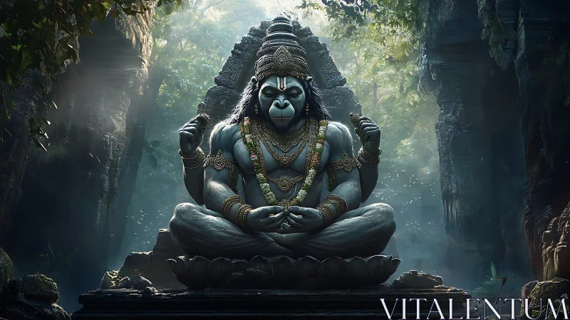 Mythic simian deity statue meditates in luminous jungle shrine