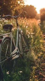Vintage Bicycle Resting Among Wild Flowers at Golden Hour.