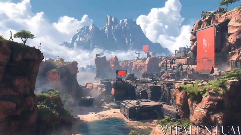 Sunlit desert stronghold beneath a distant mountain citadel.