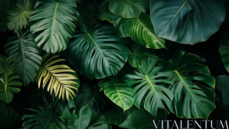 Monstera and philodendron foliage in dense arrangement.