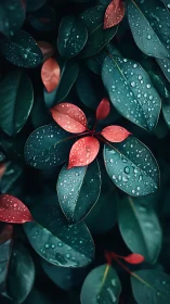 Scarlet leaves with raindrops amid deep teal foliage.