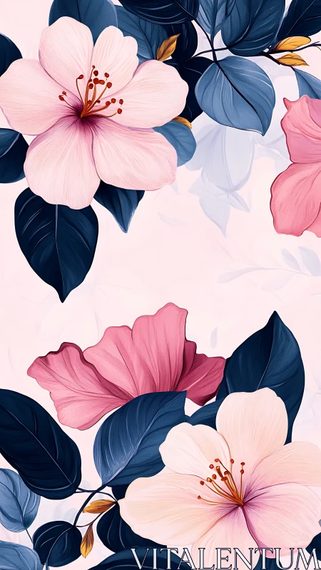 Blushing Blooms Dance: Soft Florals Meet Moody Navy Elegance.