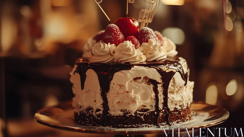 Decadent Chocolate Cake with Raspberries and Cream.