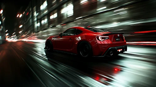 Red sports coupe accelerates through wet neon city street