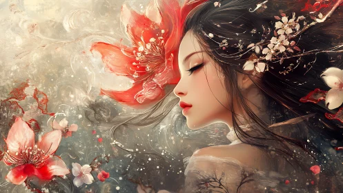 Profile of woman with red flowers in abstract environment.