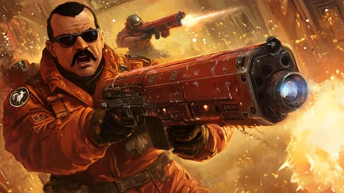 Armored trooper discharging heavy plasma cannon amid firestorm