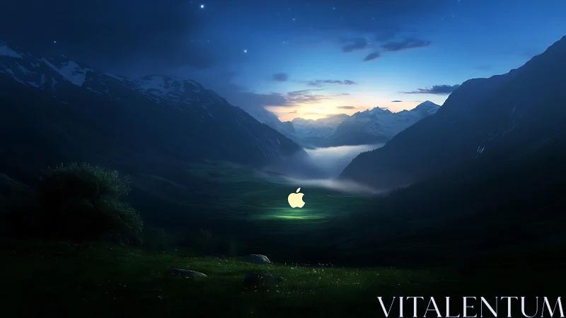 Glowing tech logo over twilight alpine valley landscape.