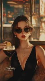 Café-lit digital portrait of sunglassed woman with cocktail glass.