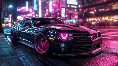 Neon street muscle car prowls through electric city glow.