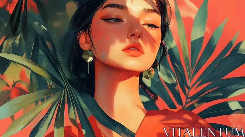 Woman framed by tropical leaves under warm directional light