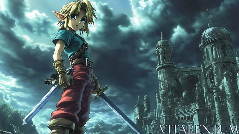 Storm-lit elf swordsman guarding a crumbling sky cathedral.