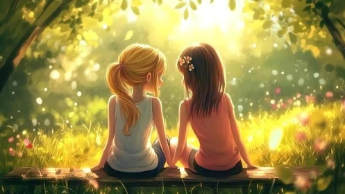 Backlit friends on bench in luminous summer garden glow.