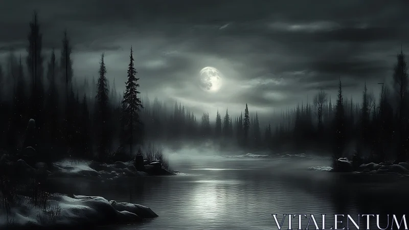 Lunar-illuminated boreal river under volumetric fog gradients.