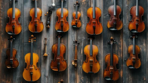 Orchestra of hanging violins glowing on rustic timber walls.