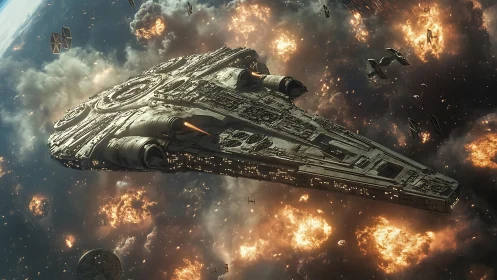 Large starship amid explosive deep space combat scene.