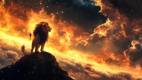 Celestial lion rendered against nebular firestorm with dramatic lighting