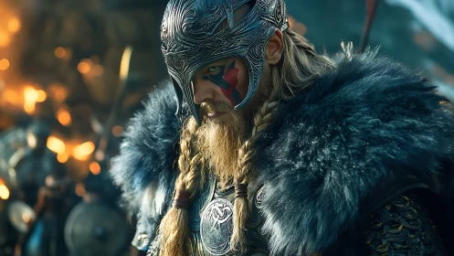 Armored Viking warrior in fur cloak on fiery battlefield.