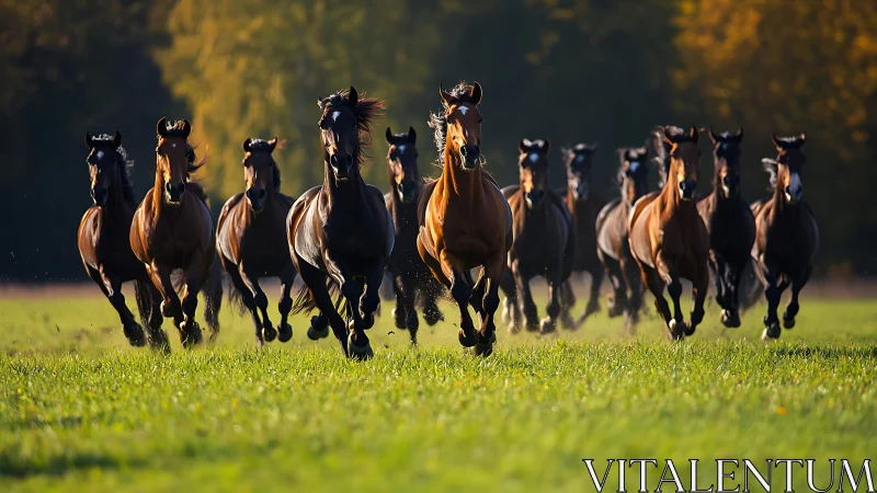 Galloping horse herd charges across sunlit green meadow