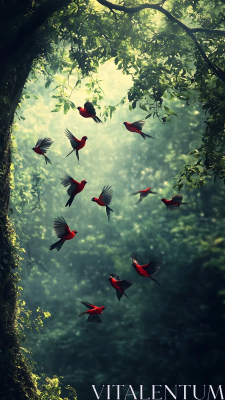 Scarlet birds in luminous forest clearing, vertical flight study.