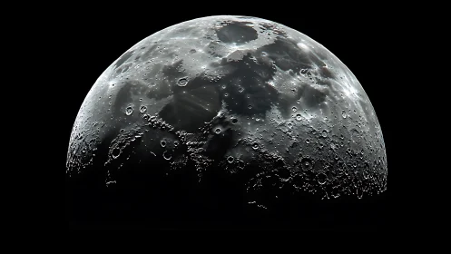 Photorealistic lunar hemisphere with craters in stark contrast.