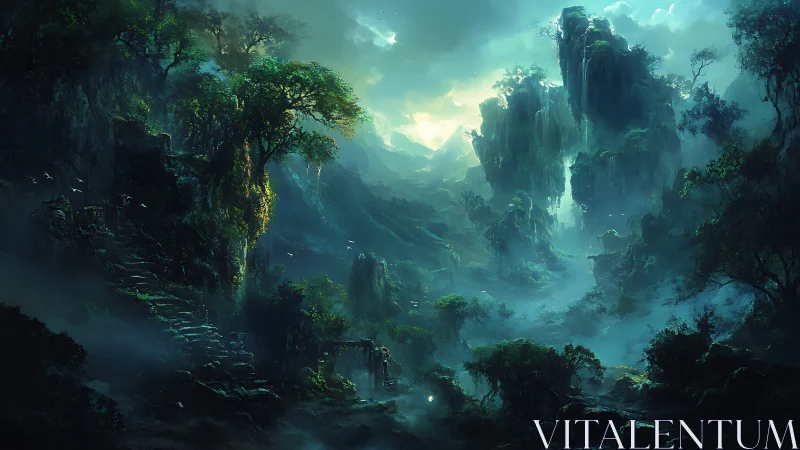 Luminous mist valley with terraced ruins in digital painting style.