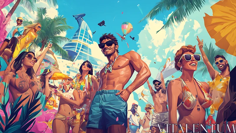 Sunlit coastal pool party crowd in stylized high-saturation digital art