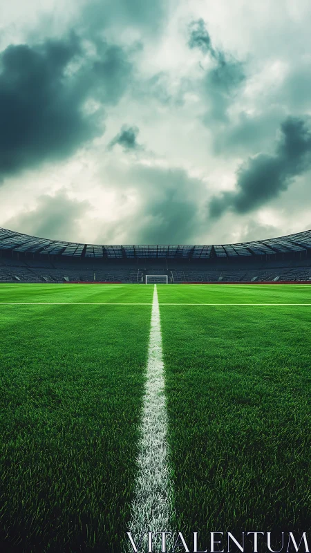 Storm-brooding soccer pitch and lone goal awaiting kickoff.