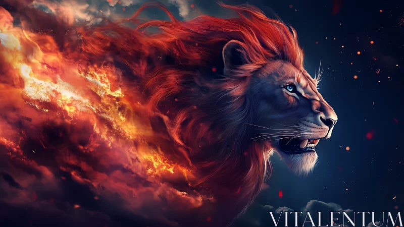 Fiery lion head merging with blazing storm clouds