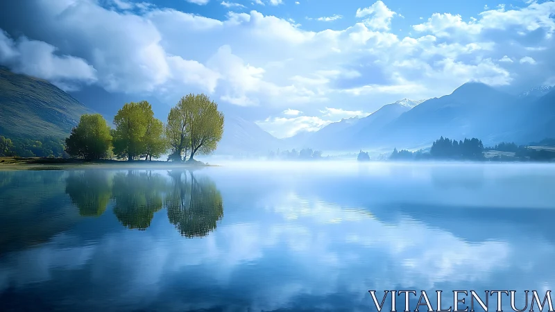 Morning inversion fog over alpine lake with symmetric reflections