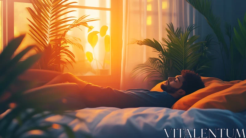 Man lying on bed near window with plants at sunset light.