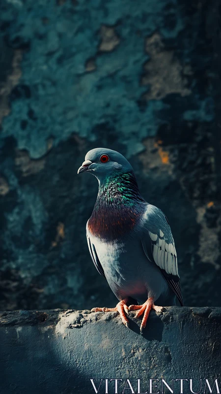 Iridescent Pigeon Perched on Weathered Stone Surface.