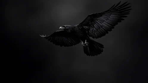 Midnight raven gliding through a sea of quiet shadow.